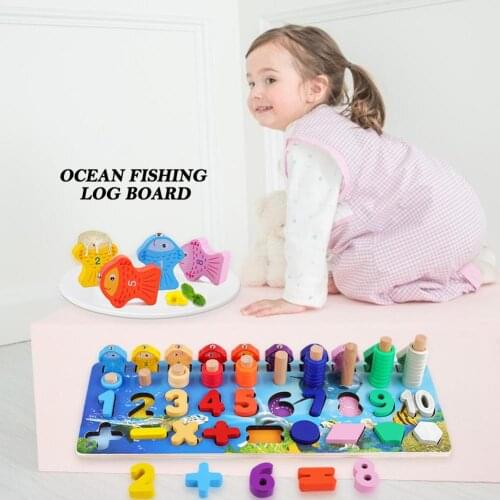 Funny Wooden Logarithmic Plate Math Fishing Toy Kits Shape Matching Kids Children Early Cognition Educational Products