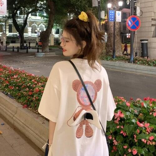 Bear Print Angel Wings Kawaii Womens Short Sleeve T-shirt Summer Loose Korean Harajuku Style Casual Girl Top