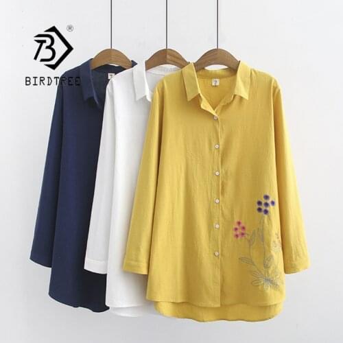 2020 New Arrival Women Floral Embroidery Cotton White Shirt Long Sleeve Casual Blouse Loose Plus Size 4XL Tops Feminina Blusa T0