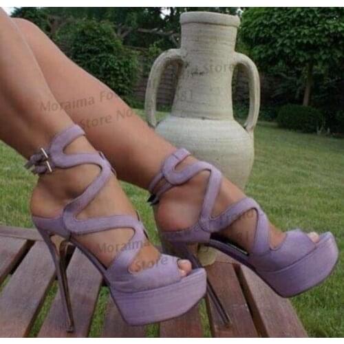 Moraima Snc Summer Platform Sandal for Woman Peep Toe Ankle Strap Cutouts Shoes Ladies Thin Heels Party Dress Shoes Purple