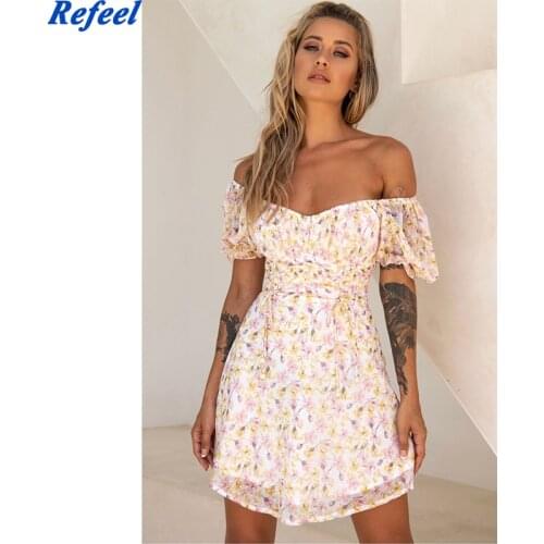 Women Off Shoulder A Line High Waist Dresses Floral Print Pleated Mini Dresses Vintage Summer Female Vestidos