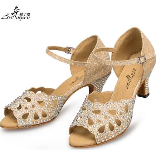 Ladingwu 2018 New Womens Latin Dance Shoes Flash Cloth Cut-Outs Design Collocation Shine Rhinestone Golden Salsa Ballroom Shoes