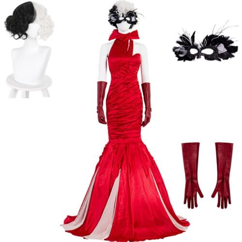 Cruella De Vil Cosplay Costume Queen Red Dress for Weding Cruella Fashion Long Dress Accessories Womens Clothing Halloween