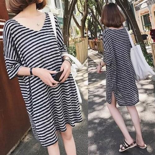 Top Bottoming Shirt WomenS Summer Dress Large Size Loose And Thin Mid-Length Striped Short-Sleeved T-Shirt Women