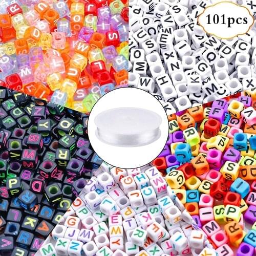 100Pcs Mixed Acrylic Letter Beads Round Flat Alphabet Digital Spacer Beads with Beading Thread for Jewelry Making Accessories