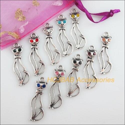 20Pcs Tibetan Silver Tone Animal Cat Mixed Crystal Charms Pendants 12x34mm