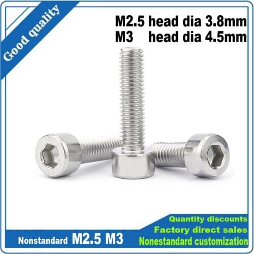 25pcs M2.5 M3 Nonstandard 304 A2-70 Stainless Steel Hexagon Hex Socket Cap Allen Head Screw Bolt Small Head Diameter 3.8mm 4.5mm
