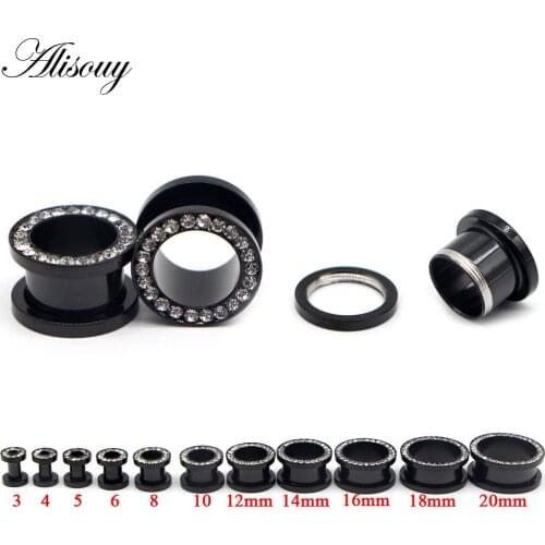 Alisouy 1 pair Stainless Steel Black Screw Fit Tunnels Ear Plugs Body Piercing Jewelry 6mm-20mm Ear Expanders for men women