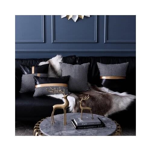Black White Swallow Gird and PU Leather Cushion Cover Lumbar Pillow Cover 30X50cm Morden Black White Sofa Car Home Decoration