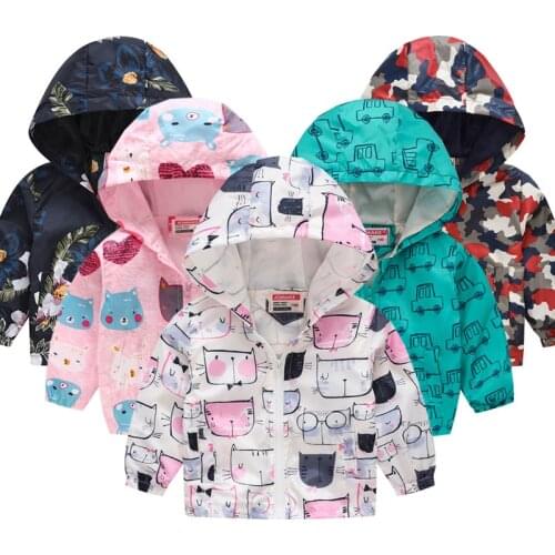 Children Autumn Printed Jacket Spring Long Sleeved Cartoon Thin Hooded 2-6Y Boys Girls Cute Zipper Coat Kids Windbreaker Clothes