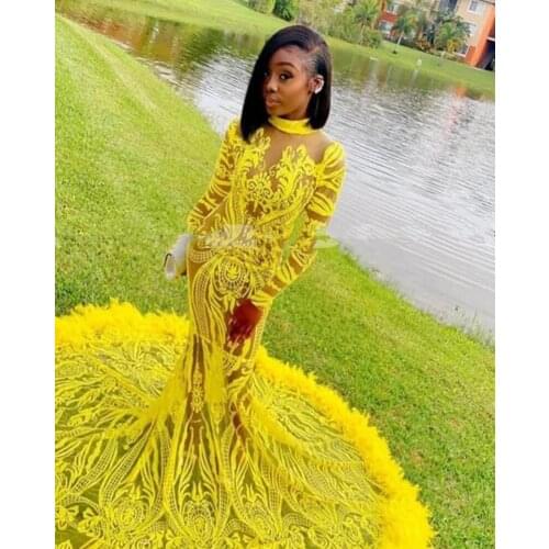 Yellow Mermaid Long Prom Dresses 2021 Sexy See Through High Neck Glitter Sequin Feathers Long Sleeve Africa Girl Prom Gowns