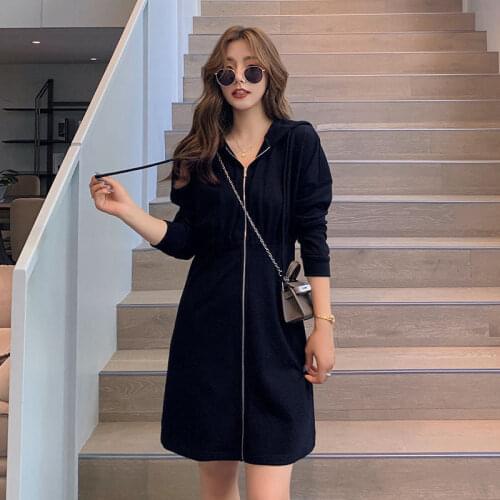 Long sweatshirt cardigan zipper dress 2021 casual hooded dress womens spring new slim dresses