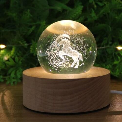 Unicorn 3D Engraved Crystal Ball Night Lights USB Warm white Light Table Lamp for Home Bedroom Decoration