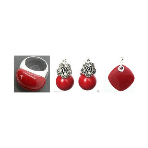 Nice Red coral Carved Lacquer Marcasite 925 Sterling Silver Ring(#6-9) Earrings & Pandent jewelry sets