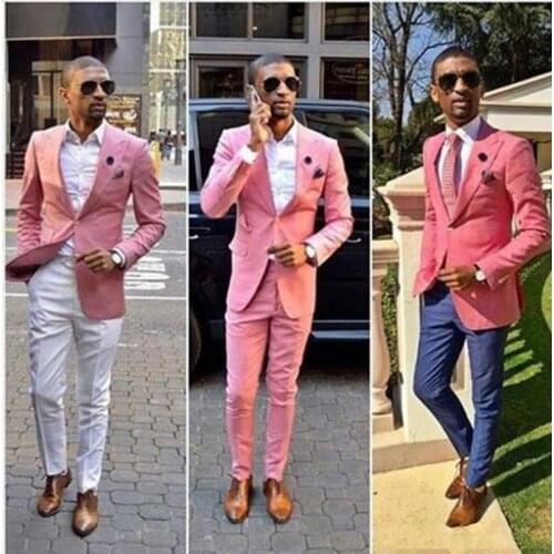 Custom Made Pink Fashion Men Suit Cheap Groom Suits Mens Groomsmen Slim Fit Best Man Suits Prom Groom Tuxedos (Jacket+Pant)