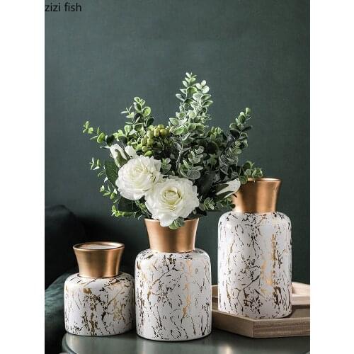 Imitation Marble Ceramic Vases Quality Porcelain Vase Desk Decor Golden Bottle Mouth Flower Arrangement Home Decoration Modern