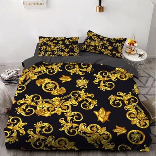 3D Digital Printed 2/3 Pieces Ancient Style Bedding Set Chain Duvet Cover Golden Flower Quilt Cover Set Bedroom Home Textile