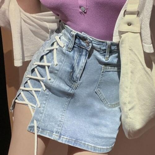 Korean Chic Diamond Buckle High Waist Denim Skirt Straps Sexy Short Skirt Plus Size Summer Streetwear Lace Up Mini 2021