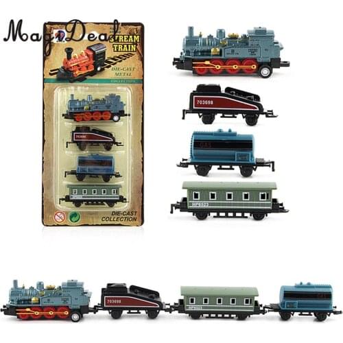4Pcs Blue Mini Steam Train Set, 1 Locomotive Engine and 3 Railway Carriages, Kids Toddler Fun Toy Collectibles