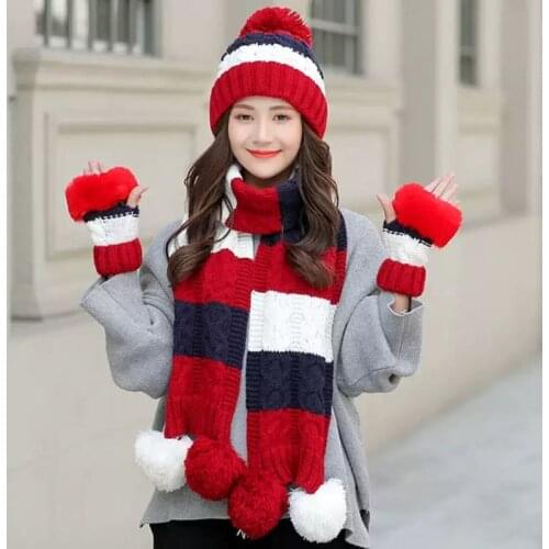 2021 New Women Winter Hat Scarf /Gloves Sets Female 3 Piece Knitted Hats Scarf Set Caps For Girl Sweet Warm Skullies Beanies Hat