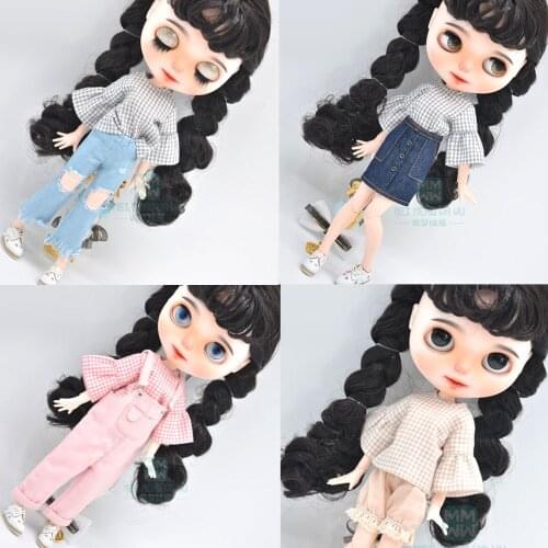 Blyth Doll Clothes fashion Plaid flared sleeve shirt, ripped jeans for Blyth Azone OB23 OB24 doll accessories