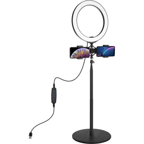 PULUZ 140cm Round Base Desktop Mount + Live Broadcast Dual Phone Bracket + 10.2 inch 26cm LED Ring Vlogging Video Light Kits