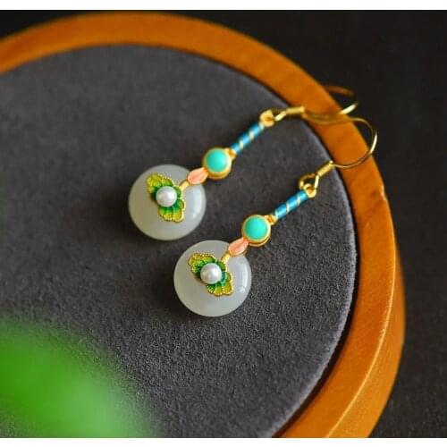 Retro Style Auspicious Cloud Design S925 Sterling Silver Gilding Burnt Blue Inlaid Natural Hetian Jade Peace Buckle Eardrop Jewe