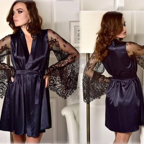 Sexy Lingerie Dress Women Porno Lingerie Hot Erotic Underwear Plus Size Lace Perspective Long Sleeve Imitation Ice Silk Bathrobe