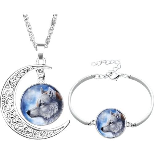 Silver Color Gothic Wolf Sirius Glass Cabochon Moon Pendant Necklace Bracelet Jewelry Set For Women Wolf Lovers Men