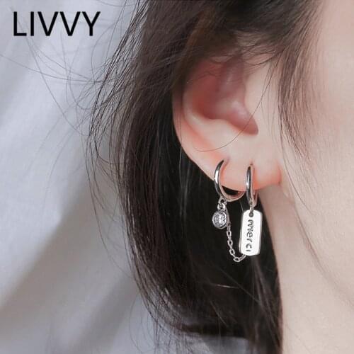 LIVVYSilver Color Round Zircon Square Letter Pendant Double Ear Hole Earrings Trendy Simple Punk Party Jewelry Accessories Gifts