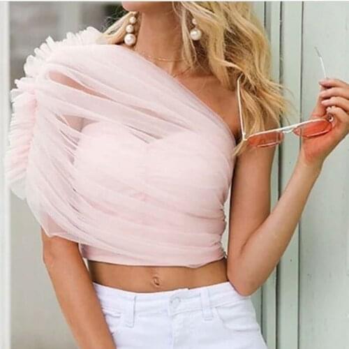 Fashion New Pink Tulle Women Top One Shoulder Ruffles Custom Made Tops Female Vest Cropped Feminino Tnak 2019 Crop Top