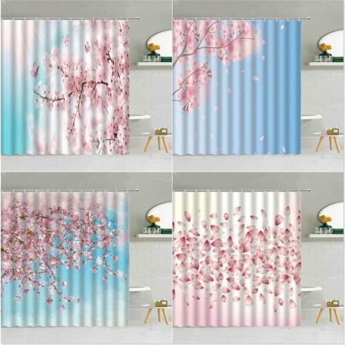 Pink Cherry Blossoms Print Shower Curtain Mount Fuji Scenery Polyester Fabric High Quality Bathroom Supplies Hanging Curtain Set