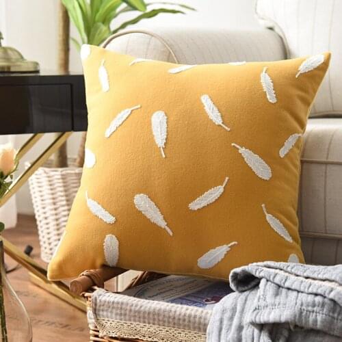 Feather Embroidery Yellow Pillow Cover Flower Lian Embroidery Sofa Home Decor Pillow Case 45x45cm PillowCase Pillow Sham