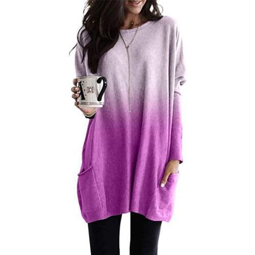 2021 new gradient color round neck long-sleeved casual pocket T-shirt top for ladies office new casual round neck T-shirt top