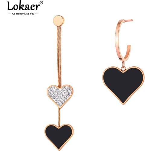 Lokaer Sparkling Titanium Stainless Steel CZ Crystal Tassel Earrings Trendy Bohemia Heart Charm Jewelry For Women Girls E20324