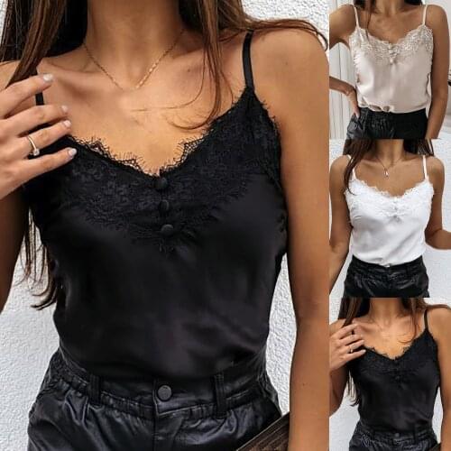 Women Loose Lace Satin Silk Tank Tops Vest Blouse Female Casual Crop Camisole Top Sexy Lace Solid Backless Vest