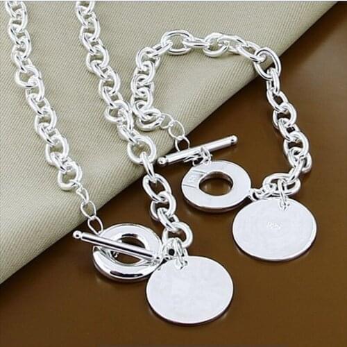 New Style 925 Sterling Silver Round Pendant 18 Inch Necklace 8 Inch Bracelet Set For WomenS Wedding Engagement Party Jewelry