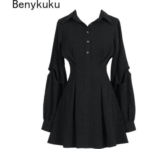 Spring Autumn Punk Gothic Black Shirt Dress Fashion Streetwear Long Sleeve V Collar Female Sexy Slim High Waist Short Dresses