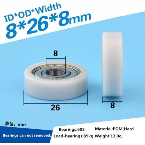 1pcs 8x26x8mm 608ZZ bearing delrin POM plastic coated flat edge wheel roller for window drawer guide pulley rolling pulley