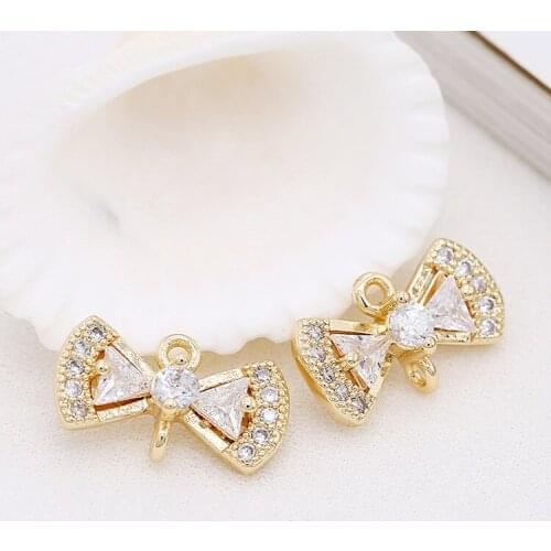 4PCS 12x7MM 14K Gold Plated Brass and Zircon 2 Holes Bownot Charms Pendants Jewelry Making Supplies Diy Accessories