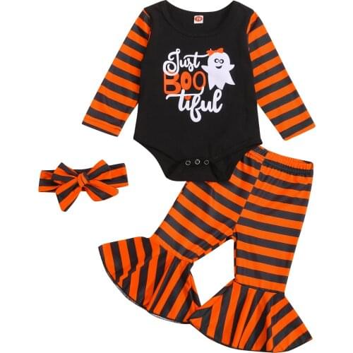 OPPERIAYA Baby Girls Bodysuit and Trousers Cotton Suit Halloween Print Long Sleeve Jumpsuit and Trumpet Pants with Bow Headband