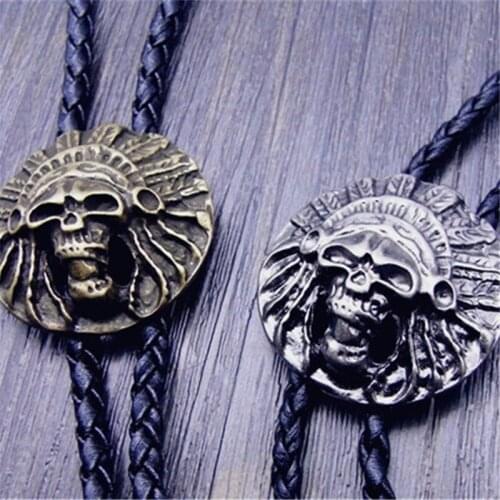 Bolo Tie Retro shirt chain head tribal leader skull poirot led rope leather necklace long tie hanging