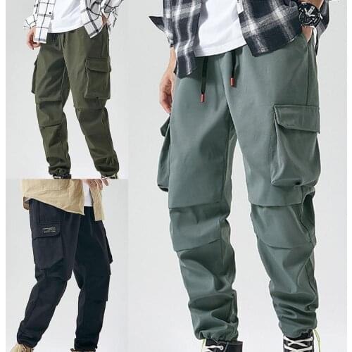 Casual Autumn Jogger Men Cargo Pants Outdoor Men Pants Solid Color Ankle Tied Summer Multi Pockets Drawstring Trousers for Sport