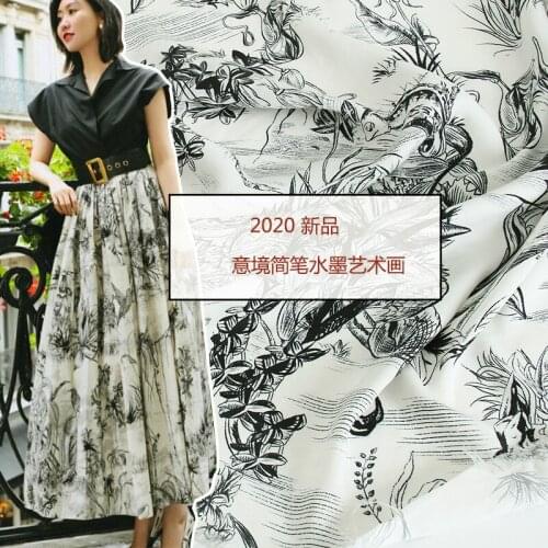 D brand new European and American advanced custom DIY fabric black and white ink style animal flowers and grass printed cloth