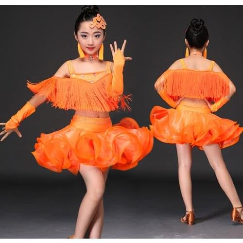 Kids Sequins Tassels Latin Dance Competition Dress Girls Salsa Cha Cha Samba Gymnastics Practice Party Dancing Dresses Costumes