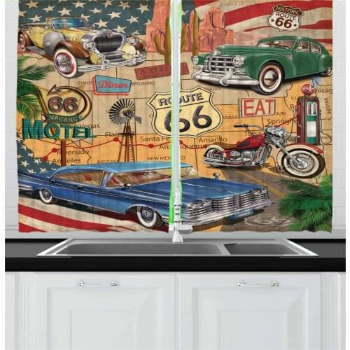 Multicolor Route 66 Kitchen Curtains Old Fashioned Cars Motorcycle on a Map Road Trip Journey American USA Concept for Kitchen