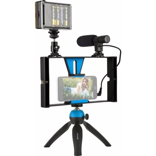 Online Live Smartphone Video Rig Camera Cage+ LED Studio Photographic Light + Video Microphone + Mini Tripod Mount Kits