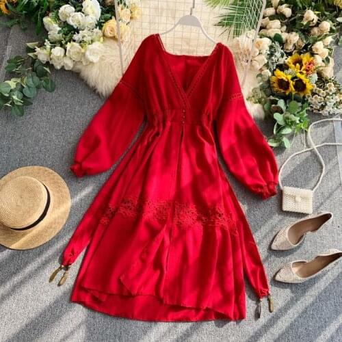 2020 Women summer dress original design hooded long sleeve hollow out long dresses v neck red dress kleid robe