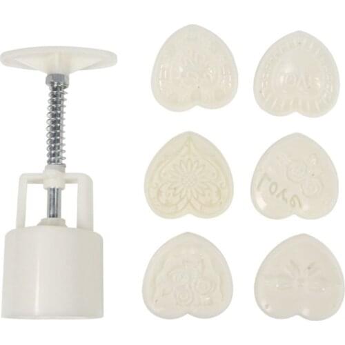 Heart-shaped Hand Press 6 Stamps Mooncake Mold Mid Autumn Festival DIY Decoration Cookie Baking Food Grade Material Kitchen