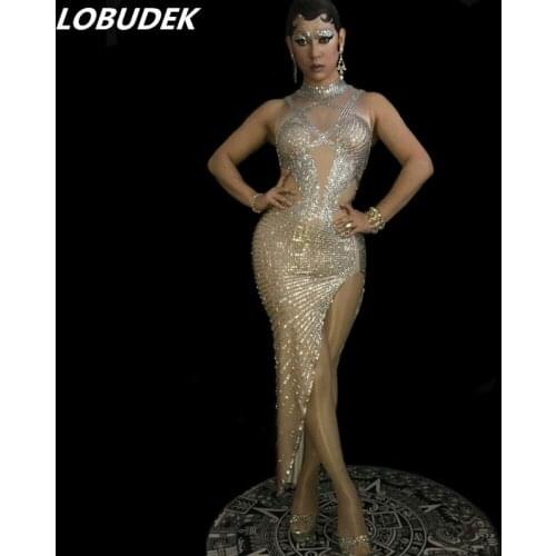 Silver Rhinestones Modern Dance Costume Sexy Women Crystals Stones Slit Long Dress Singer Birthday Celebrate Performance Outfit